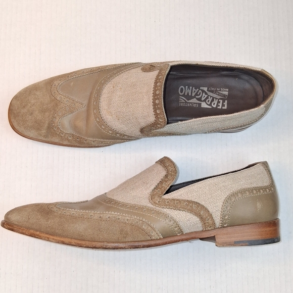 Salvatore Ferragamo Beige Brogue Mixed Media Leather Slip On Loafers